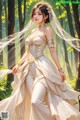 A woman in a wedding dress standing in the woods.